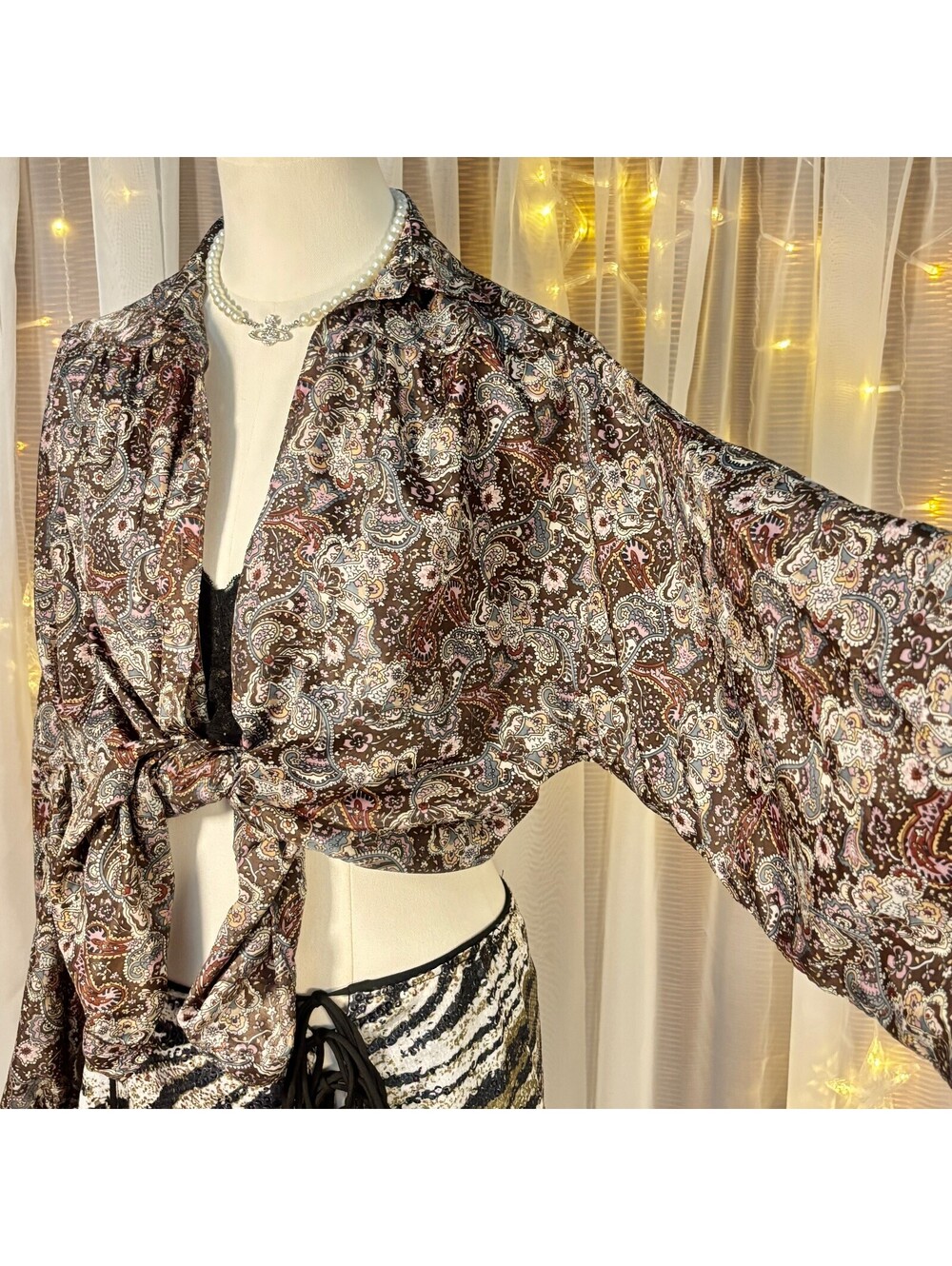 Vintage Paisley Button Up Blouse Brown Pink Boho Oversized Long Sleeve Indie